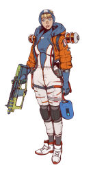 Rule 34 | 1girl, apex legends, bandaid, bandaid on face, batter, belt, blood, blood from mouth, blue gloves, bodysuit, breasts, cable, commentary, covered collarbone, english commentary, full body, gloves, gun, head tilt, highres, holding, holding gun, holding weapon, hood, hood down, hood up, hooded bodysuit, hooded jacket, jacket, lightning bolt symbol, medium breasts, orange jacket, parted lips, ribbed bodysuit, shoes, sneakers, solo, thigh belt, thigh strap, tmact, torn clothes, trigger discipline, wattson (apex legends), weapon, white bodysuit, white footwear