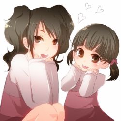 Rule 34 | 2girls, atlus, bad id, bad pixiv id, blush, brown eyes, brown hair, cosplay, doujima nanako, doujima nanako (cosplay), hands on own face, heart, kasagland, kujikawa rise, multiple girls, own hands together, persona, persona 4, short twintails, twintails