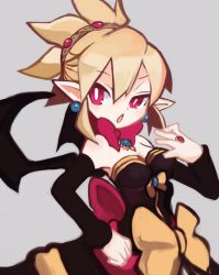Rule 34 | 1girl, arm warmers, blonde hair, bow, bright pupils, disgaea, dress, earrings, grey background, jewelry, kazamine (stecca), makai senki disgaea 2, open mouth, pointy ears, red eyes, ribbon, ring, rozalin, short hair, solo, strapless, strapless dress, waist bow, wings, yellow bow