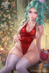 Rule 34 | 1girl, arm support, artist logo, artist name, blurry, blurry background, breasts, cleavage, closed mouth, collarbone, commentary, curly hair, earrings, final fantasy, final fantasy vi, green hair, hair ribbon, highres, hoop earrings, jewelry, large breasts, legs together, long hair, looking at viewer, one-piece swimsuit, ponytail, print thighhighs, prywinko, purple eyes, purple ribbon, red one-piece swimsuit, ribbon, shiny clothes, sitting, snowflake print, solo, swimsuit, taut clothes, taut swimsuit, thighhighs, thighs, tina branford, undersized clothes, white thighhighs, wide hips