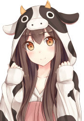 Rule 34 | 10s, 1girl, akagi (kancolle), animal costume, brown eyes, brown hair, collarbone, colored eyelashes, cow costume, cow hood, hood, hoodie, kantai collection, long hair, looking at viewer, pajamas, shuuichi, simple background, sleeves past wrists, smile, solo, white background