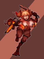Rule 34 | 1girl, :d, absurdres, alternate costume, animal ears, animal hands, breast tattoo, breasts, bright pupils, cerberus (last origin), chain, collar, dark persona, dog ears, dog girl, dog tail, energy, fur, glowing, glowing eyes, highres, huge breasts, last origin, medium hair, muhut, open mouth, orange eyes, orange hair, pentagram, ringed eyes, running, shield, smile, solo, spiked collar, spikes, sword, tail, tattoo, thigh strap, twintails, weapon
