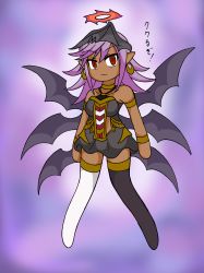 Rule 34 | 1girl, armlet, bare shoulders, bracelet, breasts, choker, covered erect nipples, darklord ixchel, demon girl, demon wings, dress, duel monster, earrings, fang, full body, gluteal fold, halo, head wings, highres, jewelry, long hair, looking at viewer, multicolored clothes, multicolored dress, multiple wings, navel, open mouth, pointy ears, purple eyes, purple hair, shoes, short dress, smile, solo, stomach, thighhighs, torn clothes, torn thighhighs, white background, white thighhighs, wings, yellow footwear, yu-gi-oh!