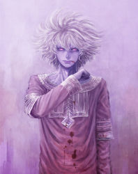 Rule 34 | 1boy, arm at side, blood, blood on face, blood on clothes, clenched hand, cowboy shot, highres, looking at viewer, male focus, matajirou (matagiro), original, pink eyes, purple theme, solo, standing, vampire, veins, white hair