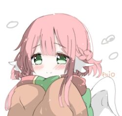 Rule 34 | 1girl, blush, closed mouth, feathered wings, feathers, fuio, green eyes, harpy, harpy (maou-jou de oyasumi), head wings, maou-jou de oyasumi, medium hair, monster girl, pink hair, short hair, simple background, sleeves past fingers, sleeves past wrists, smile, snow, solo, wings