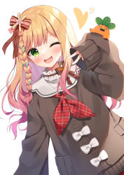Rule 34 | 1girl, ;d, arm up, black cardigan, blonde hair, blush, bow, braid, cardigan, commentary request, fang, gradient hair, green eyes, hair between eyes, heart, hololive, long hair, long sleeves, looking at viewer, mauve, momosuzu nene, momosuzu nene (casual), multicolored hair, neckerchief, one eye closed, open mouth, pink hair, plaid neckerchief, plaid neckwear, puffy long sleeves, puffy sleeves, red neckerchief, sailor collar, school uniform, serafuku, simple background, single braid, sleeves past wrists, smile, solo, striped, striped bow, teeth, upper body, upper teeth only, virtual youtuber, white background, white bow, white sailor collar
