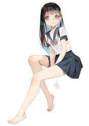Rule 34 | 1girl, aqua hair, arm support, bare legs, barefoot, between legs, black hair, black skirt, blunt bangs, blush, bow, bowtie, colored inner hair, eyelashes, feet, full body, grey eyes, hair ornament, hand between legs, highres, invisible chair, legs, long hair, looking at viewer, miniskirt, mizo-chan (yamahara), multicolored hair, open mouth, original, pleated skirt, red bow, red bowtie, school uniform, shirt, short sleeves, sidelocks, signature, simple background, sitting, skirt, solo, thighs, toenails, toes, white background, white shirt, yamahara
