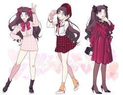 Rule 34 | black hair, black legwear, blouse, blue eyes, character name, covering own mouth, dress, fate/stay night, fate (series), full body, hand on own hip, hand over own mouth, multiple views, orange socks, pantyhose, red dress, redmin 0415, shirt, socks, standing, tohsaka rin, twintails, two side up, v, white shirt