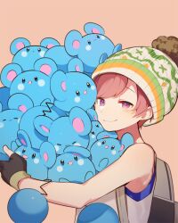 Rule 34 | 1boy, azurill, backpack, bag, beanie, black gloves, closed eyes, closed mouth, creatures (company), fingerless gloves, florian (pokemon), game freak, gen 3 pokemon, gloves, hat, holding, holding pokemon, looking at viewer, male focus, nintendo, open mouth, pink background, pink eyes, pink hair, pokemon, pokemon (creature), pokemon sv, pom pom (clothes), pom pom beanie, red hair, simple background, tank top, tibbar, upper body