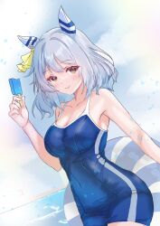 Rule 34 | 1girl, absurdres, animal ears, armpits, bare shoulders, blue one-piece swimsuit, blush, breasts, chickenbstrip, cleavage, commentary request, cowboy shot, ear covers, ear ornament, eating, food, grey hair, highres, hishi miracle (umamusume), holding, holding food, holding popsicle, horse ears, horse girl, innertube, looking at viewer, medium breasts, medium hair, one-piece swimsuit, popsicle, solo, swim ring, swimsuit, tracen swimsuit, umamusume, yellow eyes
