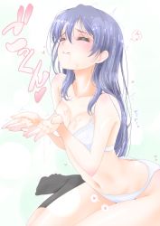 Rule 34 | 1girl, blue hair, bra, breasts, closed eyes, commentary request, cum, cum in mouth, cum on body, cum on breasts, cum on upper body, frapowa, hair between eyes, heart, long hair, love live!, love live! school idol project, navel, panties, simple background, sitting, solo, sonoda umi, underwear, underwear only, wariza, white bra, white panties