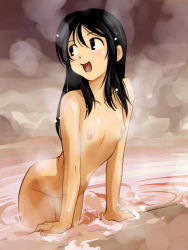 Rule 34 | 1girl, arm support, black eyes, black hair, blush, flat chest, groin, leaning forward, long hair, looking back, nipples, nude, onsen, open mouth, original, sakaki imasato, smile, solo, standing, steam, water