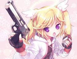 Rule 34 | 1girl, :o, arms up, blonde hair, character request, desert eagle, english text, explosive, fang, fingerless gloves, gloves, grenade, gun, hair ornament, halo, handgun, head wings, holding, hood, hoodie, kiira, long hair, open mouth, paper man, purple eyes, shirt, solo, star (symbol), trigger discipline, twintails, weapon, wings