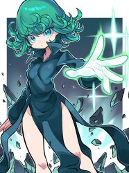 Rule 34 | 1girl, black dress, border, breasts, closed mouth, collarbone, collared dress, curly hair, debris, dress, eyelashes, feet out of frame, foreshortening, frown, glowing, glowing hand, green eyes, green hair, high collar, highres, hyou (hyouga617), long sleeves, no panties, one-punch man, psychic, short hair, small breasts, solo, tatsumaki, white border