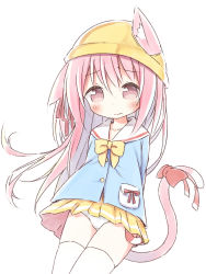 Rule 34 | 1girl, animal ears, arms behind back, ayanepuna, azur lane, blue shirt, blush, bow, bowtie, brown eyes, cat ears, cat girl, cat tail, closed mouth, collarbone, commentary request, ears through headwear, hair between eyes, hat, highres, kindergarten uniform, kisaragi (azur lane), lifebuoy, long hair, long sleeves, looking at viewer, panties, pink hair, pleated skirt, red bow, school hat, shirt, simple background, skirt, solo, swim ring, tail, tail bow, tail ornament, thighhighs, underwear, very long hair, wavy mouth, white background, white panties, white thighhighs, yellow bow, yellow bowtie, yellow hat, yellow skirt