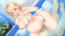 Rule 34 | 1girl, barefoot, bikini, blonde hair, blue eyes, blush, breast suppress, breasts, breath, bush, censored, cowgirl position, feet, flower, game cg, girl on top, groin, hands on own chest, hands up, hozumi kaoru, huge breasts, incest, itsu made mo musuko no mama ja irarenai! sewazuki aoi kaa-san no muchimuchi oppai ni amaete ippai shasei shitai!, legs, long hair, lying, mosaic censoring, mother and son, nipples, open mouth, original, partially submerged, penis, pool, pregnant, pussy, rose, see-through, sex, straddling, swimsuit, takasato aoi, thighs, toes, vaginal, water, wet