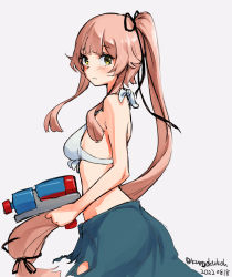 Rule 34 | 1girl, bikini, breasts, cowboy shot, dated, hair flaps, highres, holding, holding water gun, kangoku kou, kantai collection, long hair, looking at viewer, medium breasts, pink hair, ponytail, sarong, simple background, solo, swimsuit, torn clothes, torn sarong, twitter username, very long hair, water gun, white background, white bikini, yellow eyes, yura (kancolle)