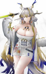 Rule 34 | 1girl, alternate breast size, arknights, bare shoulders, blonde hair, blue hair, breasts, choker, cleavage, colored tips, dragon girl, dragon horns, earrings, gradient hair, grey hair, highres, holding, holding sword, holding weapon, horns, jacket, jewelry, large breasts, long hair, long sleeves, looking at viewer, multicolored hair, off shoulder, open clothes, open jacket, pointy ears, shorts, shu (arknights), solo, strapless, sword, tassel, tassel earrings, tube top, weapon, white background, white jacket, yuuki mix