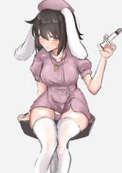 Rule 34 | 1girl, :/, absurdres, adapted costume, alternate costume, arm support, black hair, blush, breasts, carrot necklace, chair, closed mouth, commentary request, feet out of frame, grey background, hair between eyes, hat, highres, holding, holding syringe, inaba tewi, jewelry, knees together feet apart, kuraki, large breasts, looking at viewer, necklace, nurse cap, puffy short sleeves, puffy sleeves, red eyes, short hair, short sleeves, simple background, sitting, solo, syringe, thighhighs, touhou, white thighhighs