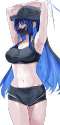 Rule 34 | 1girl, armpits, arms up, bare arms, bare shoulders, black hat, black shorts, blue archive, blue eyes, blue hair, breasts, cleavage, cowboy shot, crop top, hat, highres, large breasts, long hair, mask, midriff, mouth mask, navel, saori (blue archive), short shorts, shorts, sidelocks, simple background, solo, sports bra, standing, stomach, thighs, uenoryoma, very long hair, white background