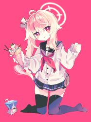 Rule 34 | 1girl, :o, absurdres, ahoge, bendy straw, black sailor collar, black skirt, black thighhighs, blue archive, blush, buttons, cardigan, cherry, collarbone, drinking straw, flat chest, food, fruit, full body, hair ribbon, halo, highres, holding food, holding ice cream, ice cream, kneeling, light brown hair, long bangs, long hair, long sleeves, looking at viewer, meto (metrin), milk carton, miniskirt, natsu (blue archive), neckerchief, no shoes, open mouth, pleated skirt, red background, red eyes, red neckerchief, ribbon, sailor collar, school uniform, side ponytail, sidelocks, simple background, skirt, sleeve cuffs, sleeves past wrists, solo, strawberry, thighhighs, white cardigan, zettai ryouiki