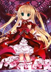 Rule 34 | 00s, 1girl, absurdres, aquarian age, blonde hair, blush, bow, cross, crystal, dress, flower, frills, fujima takuya, hair bow, hair ornament, heart, highres, jewelry, long hair, long sleeves, red dress, rose, solo, standing, star (symbol), twintails, two side up, very long hair