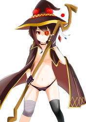 Rule 34 | 10s, 1girl, asymmetrical legwear, bandages, black thighhighs, breasts, brown hair, cape, female focus, hat, kono subarashii sekai ni shukufuku wo!, looking at viewer, megumin, midriff, navel, pixiv id 2306523, red eyes, short hair, simple background, single thighhigh, small breasts, solo, stomach, thighhighs, underwear, uneven legwear, white background, witch hat
