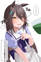 Rule 34 | 1girl, absurdres, animal ears, black hair, commentary request, glass, hair between eyes, hair ornament, highres, horse ears, horse girl, manhattan cafe (umamusume), open mouth, royal bitter juice, scared, school uniform, solo, tears, tracen school uniform, translation request, umamusume, white background, ya.yu., yellow eyes