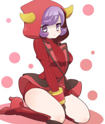 Rule 34 | 10s, 1girl, between legs, boots, chorimokki, courtney (pokemon), courtney (pokemon oras), creatures (company), fake horns, flipped hair, game freak, gloves, hand between legs, high heel boots, high heels, hood, hoodie, horned headwear, horns, looking at viewer, nintendo, pokemon, pokemon oras, purple eyes, purple hair, red footwear, ribbed sweater, short hair, sitting, solo, sweater, team magma, uniform, wariza