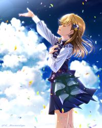 Rule 34 | 1girl, :d, arm up, blue skirt, blue sky, blue vest, brown hair, closed eyes, cloud, earrings, floating hair, from side, highres, jewelry, lens flare, long hair, long sleeves, love live!, love live! superstar!!, miniskirt, musashiya chougenbou, open mouth, profile, shibuya kanon, shirt, skirt, sky, smile, solo, sparkle, standing, twitter username, vest, white shirt