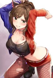 Rule 34 | 1girl, animal ears, arms up, belt, black shirt, blush, boots, breasts, brown hair, bvucki36gzoeq1c, cat ears, chain, chest tattoo, cleavage, collar, fishnet pantyhose, fishnets, green eyes, grin, high heel boots, high heels, hip focus, idolmaster, idolmaster cinderella girls, jacket, large breasts, maekawa miku, midriff, miniskirt, navel, open clothes, open jacket, pantyhose, ponytail, red skirt, shirt, short hair, skirt, smile, solo, swept bangs, tattoo, thighs, torn clothes, torn pantyhose