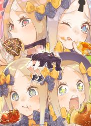 Rule 34 | 1girl, abigail williams (fate), abigail williams (third ascension) (fate), bandaid, bandaid on face, bandaid on forehead, blonde hair, blue eyes, bow, burger, doughnut, eating, fate/grand order, fate (series), flower-shaped pupils, food, food on face, hair bow, heart, heart-shaped pupils, highres, keyhole, mitsurugi sugar, official alternate costume, shoes, sleeves past fingers, sleeves past wrists, sneakers, star-shaped pupils, star (symbol), symbol-shaped pupils, twitter username