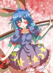 Rule 34 | 1girl, animal ears, blue hair, rabbit ears, crescent, dress, highres, looking at viewer, mallet, matsuoka michihiro, open mouth, red eyes, seiran (touhou), solo, star (symbol), starry background, touhou