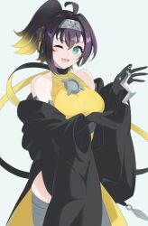 Rule 34 | 1girl, ahoge, bare shoulders, black gloves, black hair, blonde hair, breasts, duel monster, forehead protector, gloves, gradient hair, green eyes, hand up, haori, headphones, heichi, highres, holding, japanese clothes, large breasts, multicolored hair, one eye closed, ponytail, s-force rappa chiyomaru, solo, thighhighs, yu-gi-oh!