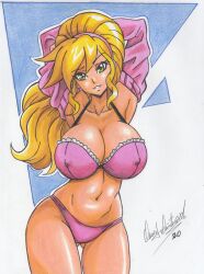 Rule 34 | 1girl, 2020, belly, blonde hair, bra, breasts, cleavage, covered erect nipples, green eyes, highres, large breasts, long hair, navel, nina (sanity not included), panties, pink bra, pink panties, ravernclouk design, removing shirt, sanity not included, simple background, solo, traditional media, underwear