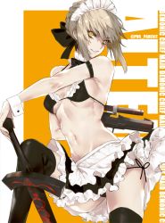 Rule 34 | 1girl, apron, armpits, artist name, artoria pendragon (alter swimsuit rider) (fate), artoria pendragon (alter swimsuit rider) (second ascension) (fate), artoria pendragon (fate), bare arms, bikini, bikini top only, black bikini, black thighhighs, blonde hair, braid, breasts, bridal garter, character name, excalibur morgan (fate), fate/grand order, fate (series), fingernails, french braid, frilled apron, frilled bikini, frilled bikini top, frills, holding, holding sword, holding weapon, legs, looking at viewer, maid, maid bikini, maid headdress, medium breasts, medium hair, navel, pvc parfait, revealing clothes, solo, swimsuit, sword, thighhighs, thighs, unconventional maid, waist apron, weapon, white apron, yellow eyes