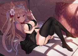 Rule 34 | 1girl, :3, animal collar, animal ear fluff, animal ears, ayul (ayulneri 92), azur lane, babydoll, bed, black thighhighs, blush, breasts, brown hair, cleavage, closed mouth, collar, covered erect nipples, crossed legs, dog ears, feet, flower, garter straps, hair flower, hair ornament, hand up, highres, knees up, large breasts, lingerie, long hair, looking at viewer, lying, navel, no shoes, on back, on bed, pillow, red eyes, red flower, shadow, solo, stomach, thighhighs, two side up, underwear, very long hair, white flower, window shadow, yuudachi (azur lane)