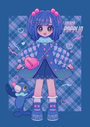 Rule 34 | 1girl, absurdres, bag, blue hair, blush, character name, clothing request, creature and personification, creatures (company), game freak, gen 7 pokemon, grey eyes, hair bobbles, hair ornament, handbag, heart, highres, long sleeves, looking at viewer, medium hair, narumame, nintendo, open mouth, pink bag, pokemon, pokemon (creature), popplio, shoes, smile, socks, standing, teeth