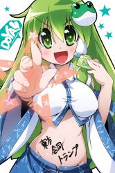 Rule 34 | 1girl, :d, blush, breasts, card, detached sleeves, female focus, fingernails, frog hair ornament, green eyes, green hair, groin, hair ornament, kochiya sanae, large breasts, long hair, looking at viewer, matching hair/eyes, midriff, navel, open mouth, pointing, pointing at viewer, semahiro, shirt, smile, snake hair ornament, solo, star-shaped pupils, star (symbol), symbol-shaped pupils, taut clothes, taut shirt, text focus, touhou, translation request