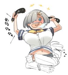 Rule 34 | 10s, 1boy, 1girl, @ @, admiral (kancolle), arms around waist, blue eyes, ehoumaki, food, grey hair, hair ornament, hair over one eye, hamakaze (kancolle), heart, heart in mouth, kantai collection, kei (soundcross), lowres, makizushi, partially colored, saliva, school uniform, serafuku, simple background, sushi, upper body, white background