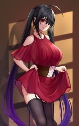 Rule 34 | 1girl, ahoge, azur lane, black hair, black thighhighs, clothes lift, commentary, corset, dress, dress lift, garter belt, highres, long hair, red dress, red eyes, shadow, solo, taihou (azur lane), thighhighs, tongue, tongue out, twintails, twitter username, yorugami rei