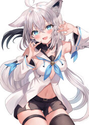 Rule 34 | 1girl, absurdres, ahoge, animal ear fluff, animal ears, armpits, black shorts, black thighhighs, blue neckerchief, blush, braid, breasts, commentary request, detached sleeves, earrings, extra ears, fox ears, fox girl, fox tail, green eyes, hair between eyes, highres, hololive, hood, hoodie, jewelry, long hair, looking at viewer, midriff, navel, neckerchief, open mouth, retsuto, shirakami fubuki, shirakami fubuki (1st costume), short shorts, shorts, sidelocks, simple background, single braid, single thighhigh, small breasts, solo, sweatdrop, tail, thigh strap, thighhighs, virtual youtuber, white background, white hair, white hoodie