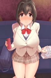Rule 34 | 1girl, absurdres, ahoge, bag, black hair, blazer, blush, bow, bowtie, breasts, cellphone, closed mouth, commission, condom box, hair intakes, highres, idolmaster, idolmaster cinderella girls, jacket, kohinata miho, large breasts, looking at viewer, phone, pixiv commission, plaid, plaid skirt, school uniform, short hair, sitting, skirt, smartphone, smartphone case, solo, twogie