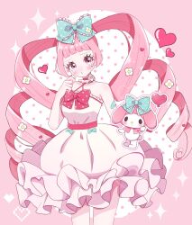 Rule 34 | 1girl, absurdres, blue bow, bow, commentary, dress, drill hair, hair bow, heart, highres, humanization, long hair, meme (mmmwawa), my melody, onegai my melody, pink bow, pink eyes, pink hair, sanrio, solo, symbol-only commentary, twin drills, white dress