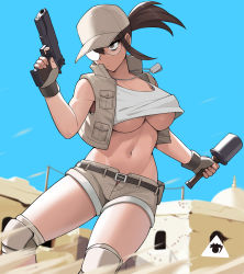 Rule 34 | 1girl, belt, breasts, brown eyes, brown hair, crop top, day, dog tags, donburi (donburikazoku), dual wielding, explosive, expressionless, facing viewer, fingerless gloves, fio germi, glasses, gloves, grenade, gun, hand grenade, hand up, highres, holding, holding grenade, holding gun, holding weapon, long hair, looking to the side, medium breasts, metal slug, midriff, military, navel, no bra, open clothes, open vest, outdoors, ponytail, round eyewear, serious, short shorts, shorts, solo, stick grenade, stielhandgranate, tank top, thighs, underboob, vest, weapon, white tank top