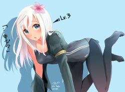 Rule 34 | 10s, 1girl, 2015, :o, all fours, bad id, bad pixiv id, black pantyhose, blonde hair, blue background, blue eyes, breasts, dated, eyebrows, february, flower, hair flower, hair ornament, highres, kantai collection, open mouth, pantyhose, pantyhose under swimsuit, ro-500 (kancolle), school swimsuit, simple background, swimsuit, swimsuit under clothes, tebi (tbd11)