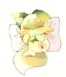 absurdres animal animal_focus blush cat closed_eyes creatures_(company) floppy_ears game_freak highres lying nintendo pawpads pillow pokemon pokemon_(creature) simple_background smile solo sprigatito white_background yupo_0322