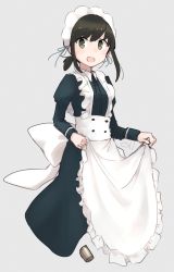 Rule 34 | 1girl, absurdres, alternate costume, apron, black dress, black hair, blush, cropped legs, dress, enmaided, fubuki (kancolle), green eyes, grey background, hair between eyes, highres, juliet sleeves, kantai collection, long sleeves, ma rukan, maid, maid apron, maid day, maid headdress, open mouth, puffy sleeves, short hair, short ponytail, signature, simple background, smile, solo, white apron