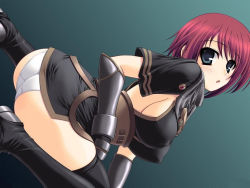 Rule 34 | abu, armor, ass, blue eyes, blush, boots, breasts, elbow gloves, covered erect nipples, gloves, highres, legs, nel zelpher, panties, red hair, sideboob, sitting, square enix, star ocean, star ocean till the end of time, thighhighs, underwear, wallpaper, wariza