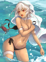 Rule 34 | 1girl, altera (fate), animal, areola slip, assisted exposure, bikini, black bikini, blurry, choker, commentary request, covering breasts, covering one breast, covering privates, crab, dark-skinned female, dark skin, depth of field, embarrassed, fate/grand order, fate (series), full-body tattoo, highres, legs apart, looking back, medium hair, navel, open mouth, outdoors, red eyes, short hair, side-tie bikini bottom, solo, standing, stomach, swimsuit, tattoo, topless, towel, towel on head, tsuki suigetsu, unworn bikini top, wading, water, white choker, white hair, white towel